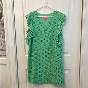 Lilly Pulitzer Green Eyelet Shift Dress with Pom Pom Sleeve Detail
